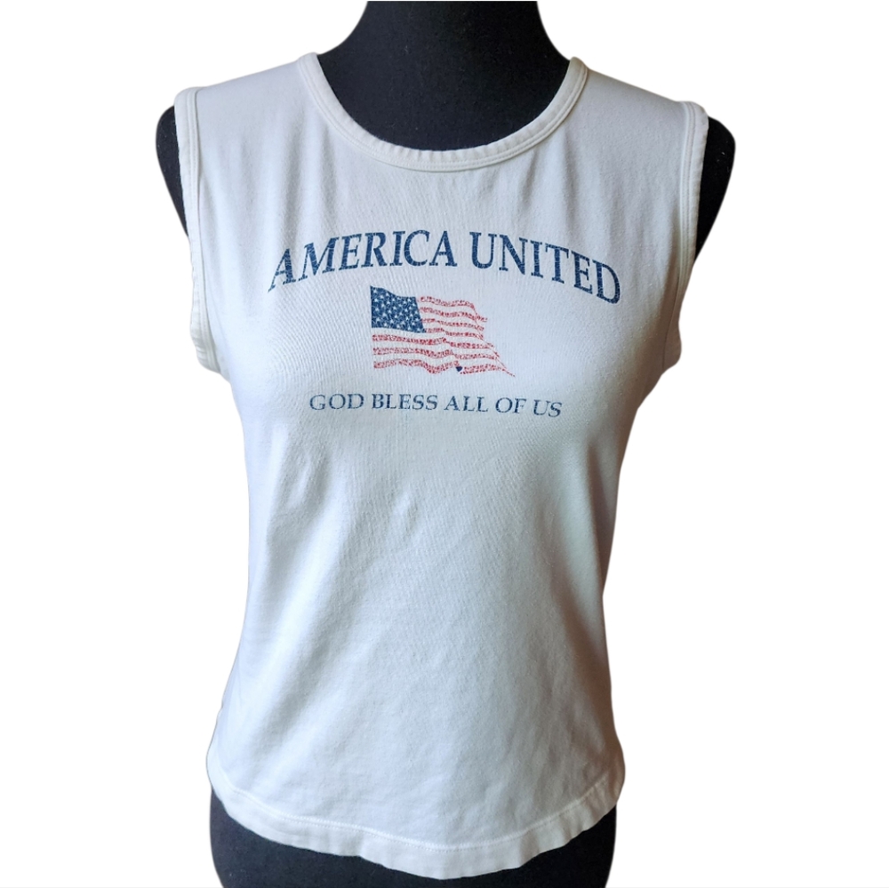 Vintage 90s TILT Patriotic America Flag White Tank Top